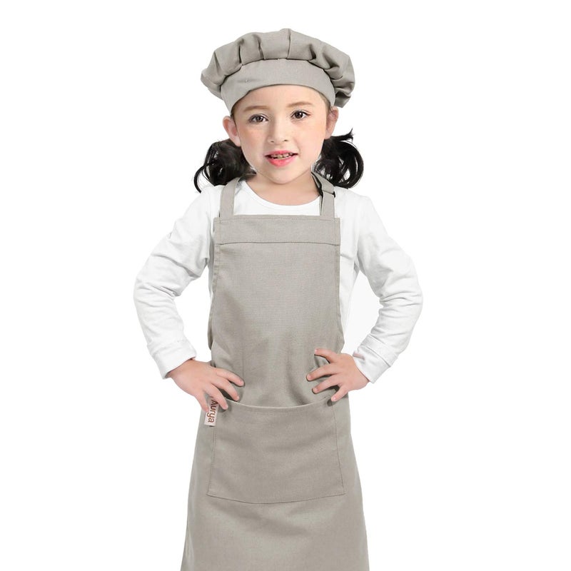 Aurya Kids Apron and Chef Hat Set-Adjustable Child Apron for Boys and Girls for Cooking Baking Light Gray - Image 5